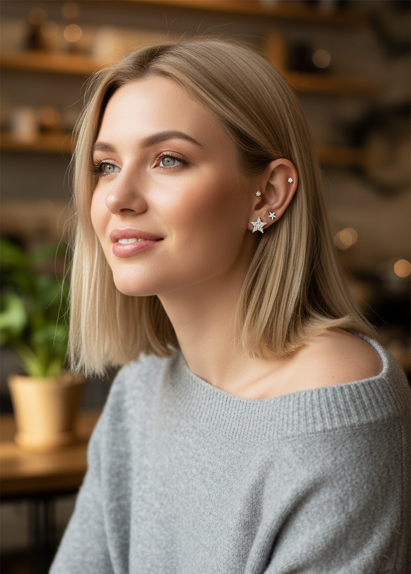 316L Çelik Gümüş Renk Zirkon Taşlı Yıldız Model Kadın Küpe Seti