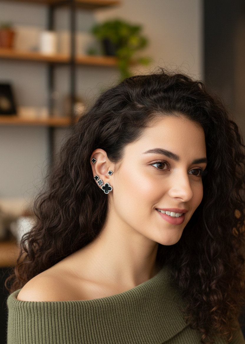 316L Çelik Gümüş Siyah Renk 3 Boy Yonca Küpe Seti